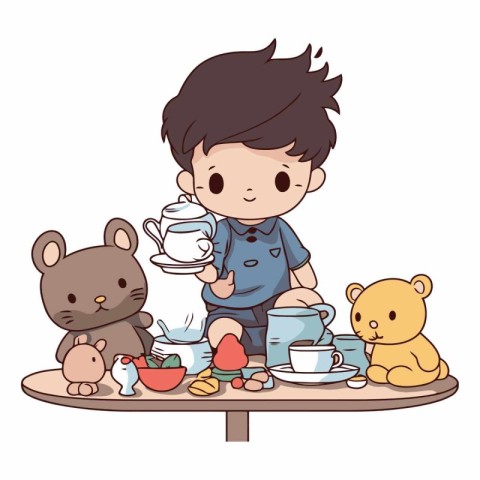 Cute boy having breakfast with teddy bear cartoons vector illust