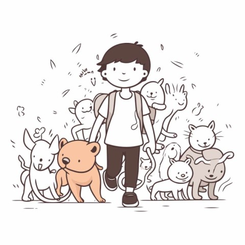 Vector illustration of a boy walking with a group of dogs. Hand