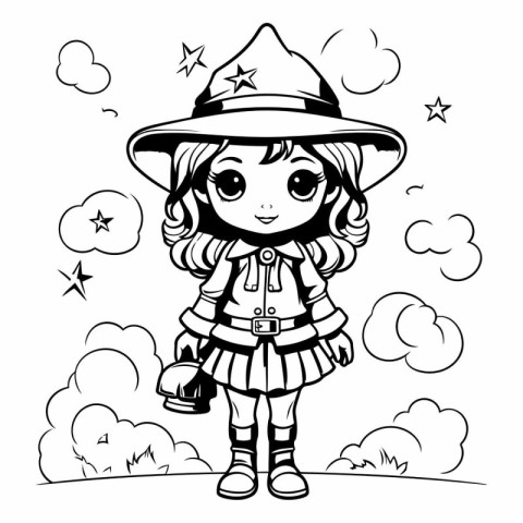 Cute cartoon girl in costume of witch for coloring book.