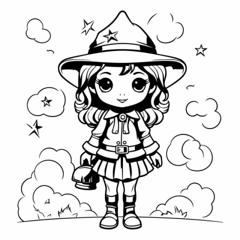 Cute cartoon girl in costume of witch for coloring book.