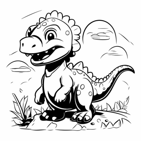 Cute cartoon dinosaur sitting on a rock for coloring book.