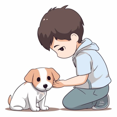 Little boy playing with a dog. Cute cartoon vector illustration.