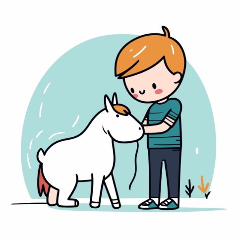 Boy with a white horse in a flat style.