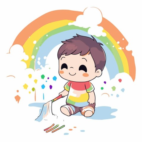 cute little boy painting with paintbrush and colorful rainbow ve