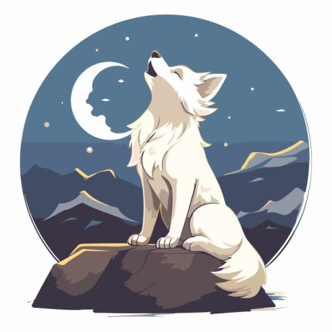 Vector illustration of a wolf sitting on a rock in the moonlight