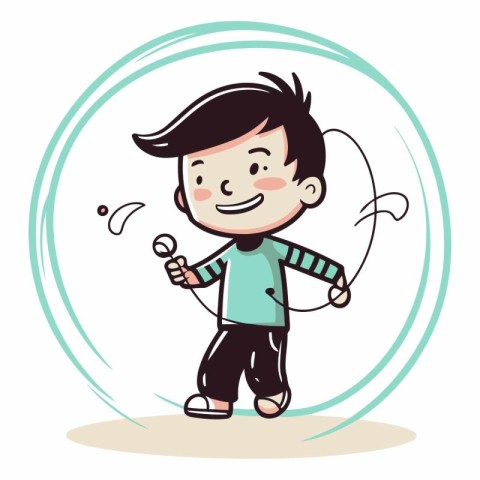 Cute boy playing with a skipping rope. Vector cartoon illustrati