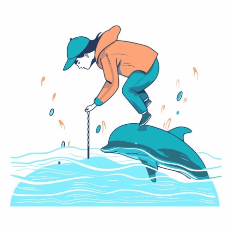 Vector illustration of a man jumping out of the sea with a dolph