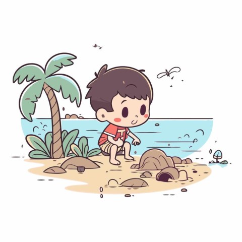 Cute boy playing on the beach. Hand drawn vector illustration.