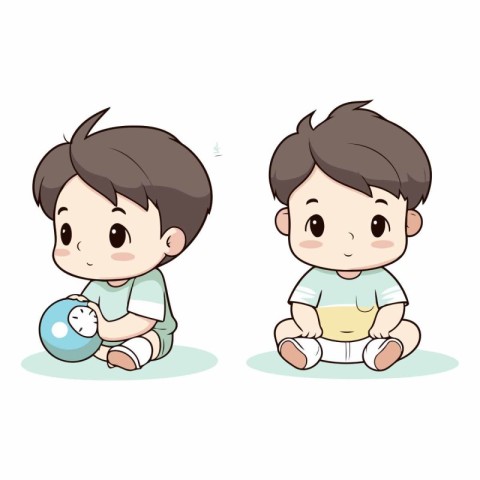 Baby boy and girl sitting and playing with ball.