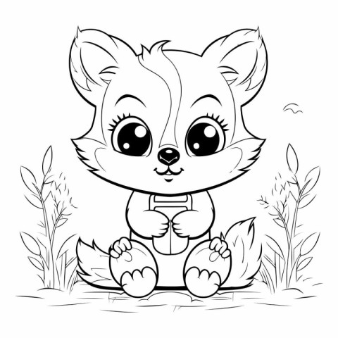 Cute cartoon fox sitting in the grass for coloring book.