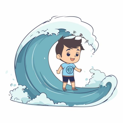 Cute cartoon boy surfing on a big wave.