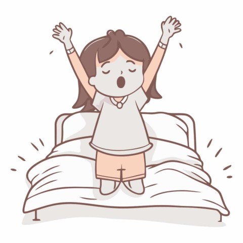 Illustration of a little girl yawning in bed. Vector.