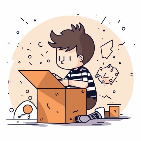 Little boy playing with cardboard box in cartoon style.