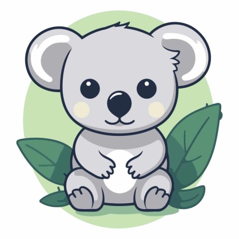 Cute koala sitting on green leaves in cartoon style.