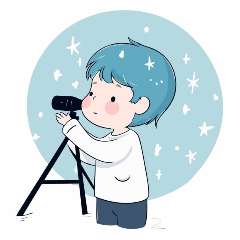 Boy with camera in cartoon style on white background.