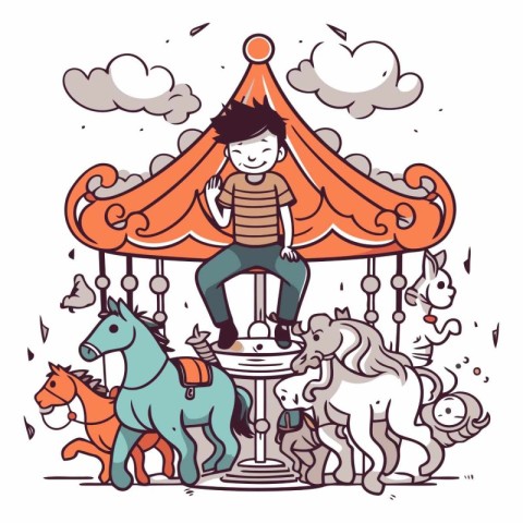 Vector illustration of a boy riding a horse on a merry-go-round