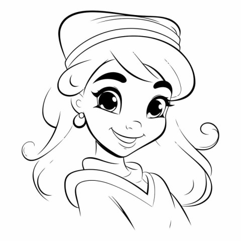 Black and white vector illustration of a young woman in a hat.