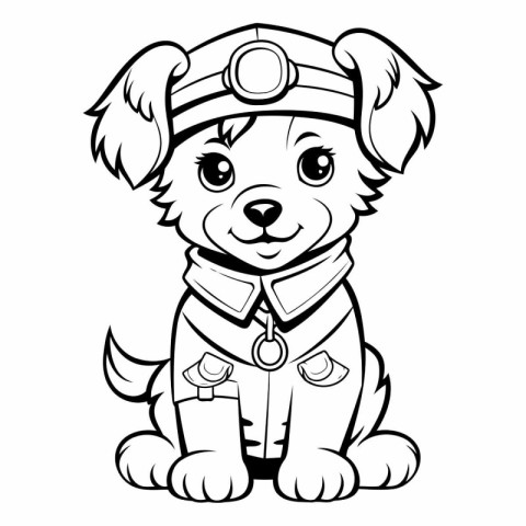 Cute Cartoon Puppy Pilot - Black and White Illustration.