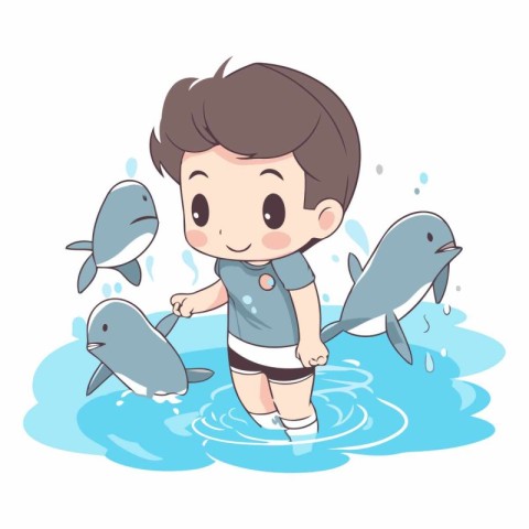 Cute boy playing with fishes in the water.