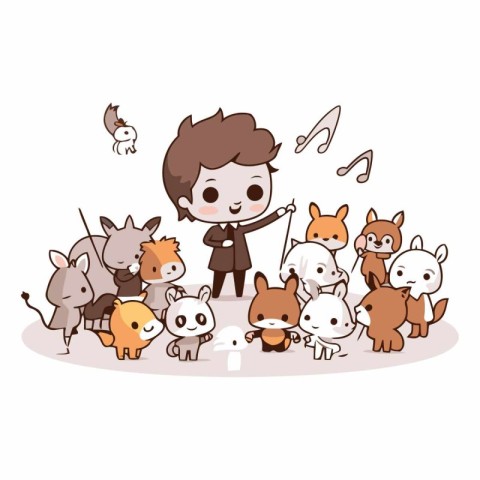 Cute boy playing with animals in cartoon style.