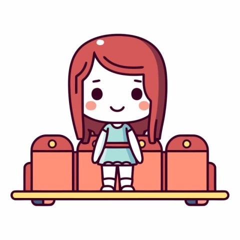 Cute little girl sitting on sofa in cartoon style.