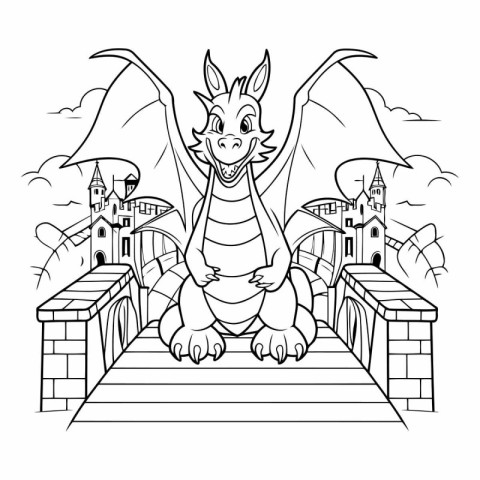 Fantasy dragon on the bridge for coloring book.