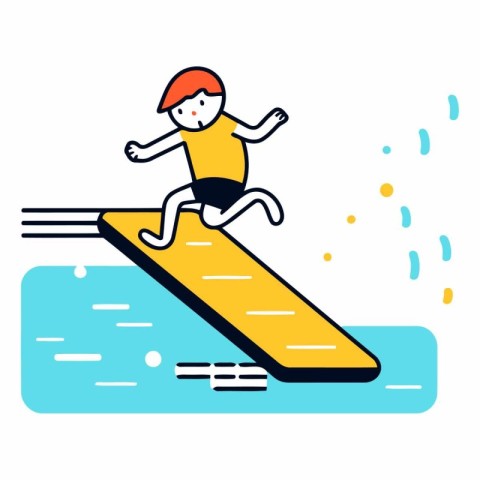 Man running on a water slide. Flat line style vector illustratio