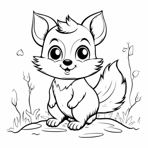 Cute little fox sitting on the ground for coloring book.