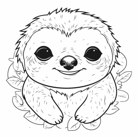 Cute cartoon sloth sitting on the leaves.