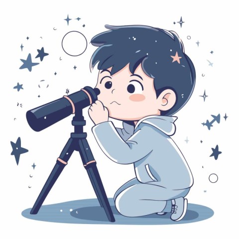 Cute little boy looking through a telescope on white background.