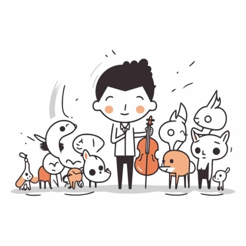 Man playing music with a group of cats and dogs.