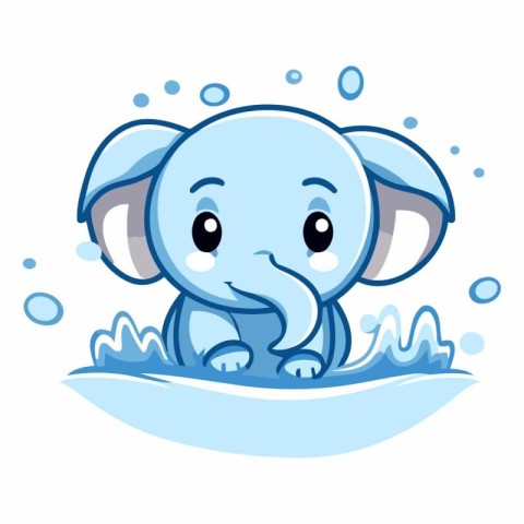 Cute cartoon elephant in the water isolated on white background.