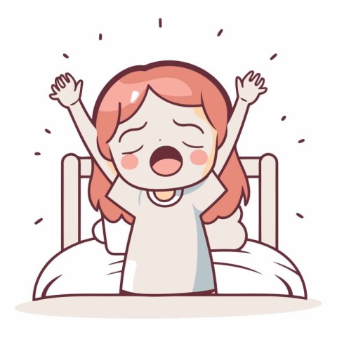 Illustration of a little girl yawning while lying in the bed