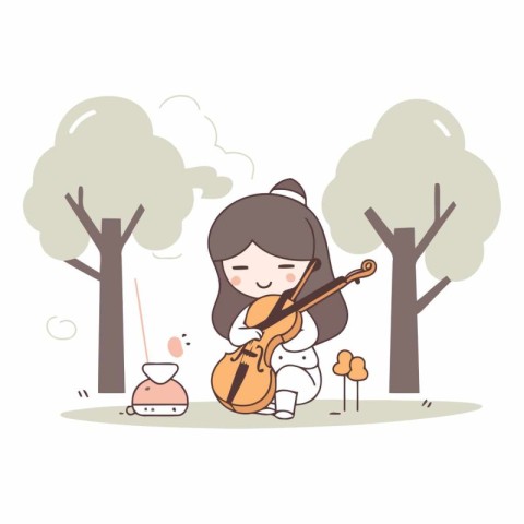 Cute little girl playing violin in the park.