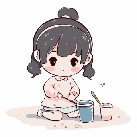 Illustration of a Cute Little Girl Cleaning Her Teeth