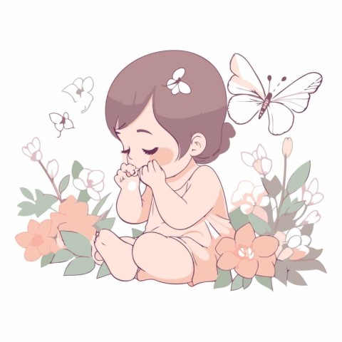 Cute little baby girl sitting with flowers and butterflies.