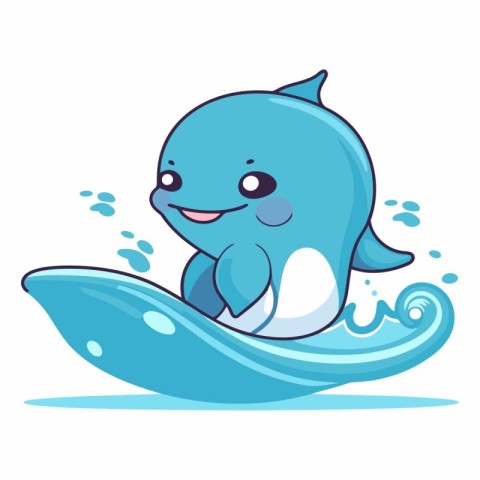 Cute cartoon dolphin swimming in the sea on white background.