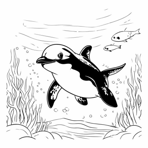 Vector illustration of a cute little dolphin swimming in the oce