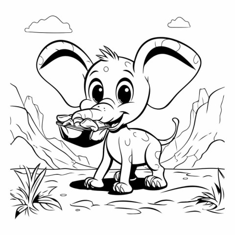 Vector illustration of cartoon baby elephant with a bowl of food