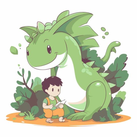 Illustration of a Little Boy Reading a Book and Cute Dinosaur