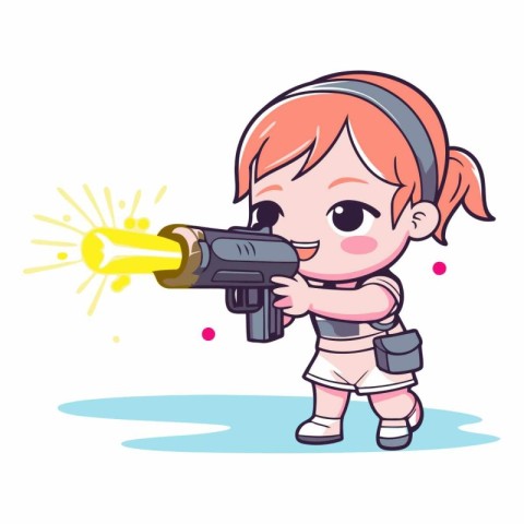 Cute little girl with a gun. Cartoon style.