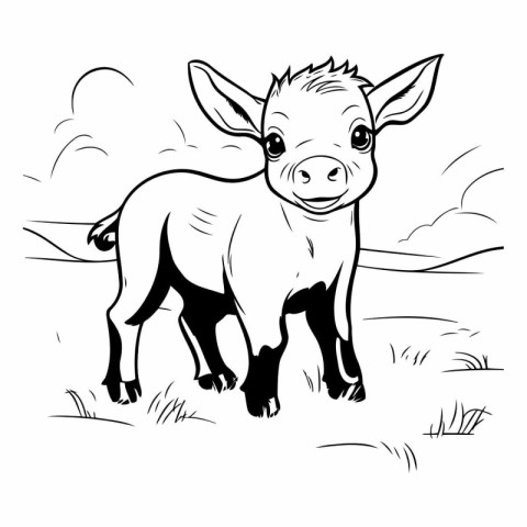 Black and white vector illustration of a cute pig standing on th