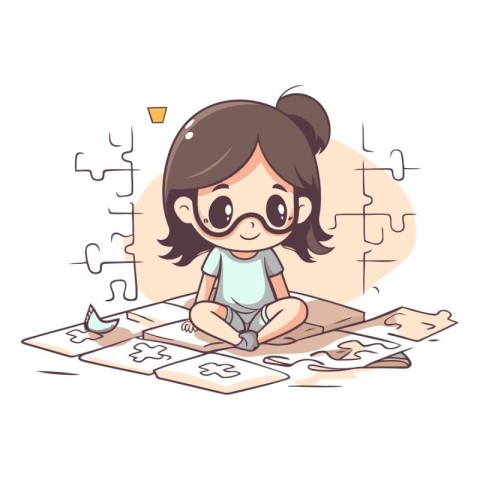 Cute little girl playing puzzle game. Cartoon style.