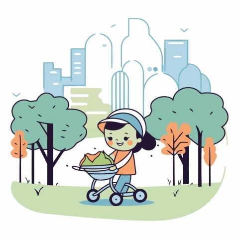 Girl riding a stroller in the city park.