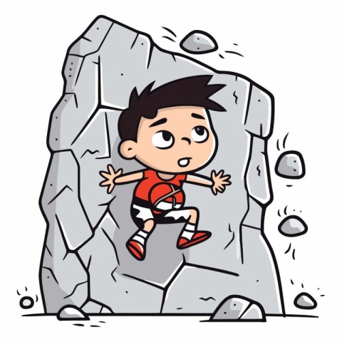 Cartoon boy climbing on a rock. Vector clip art illustration.