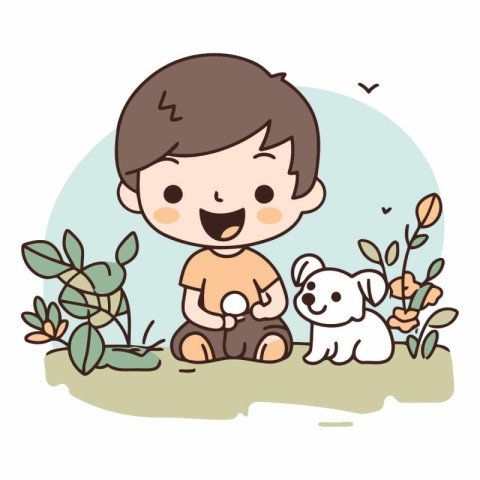 Cute boy playing with his dog in the garden.