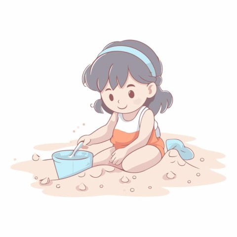 Cute little girl playing with sand in cartoon style.