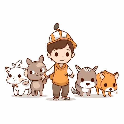 Cute little boy with group of cartoon animals.