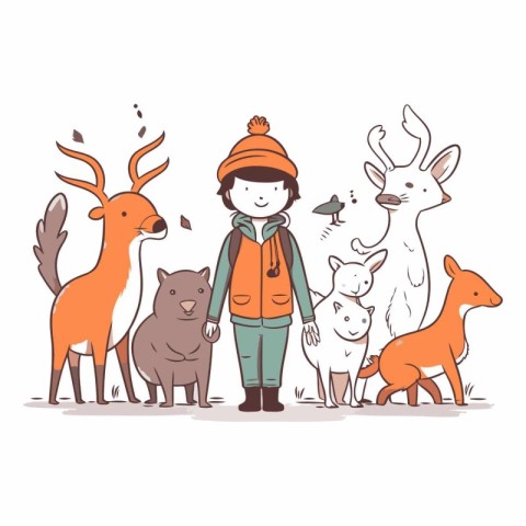 Cute little boy in warm clothes with deer and cat