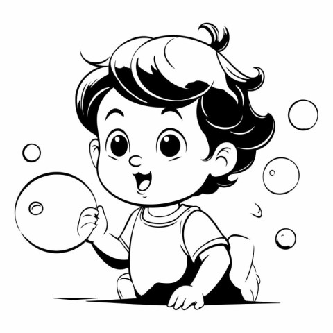 Cute little boy playing with soap bubbles. black and white vecto